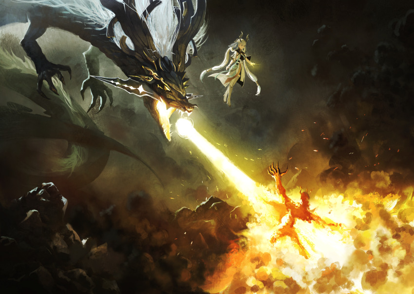 1girl absurdres black_collar black_dress boots breasts coat collar commentary dotthebot dragon dress eastern_dragon eastern_dragon_horns energy_beam english_commentary fire floating highres jinhsi_(wuthering_waves) jue_(wuthering_waves) long_hair low_twintails medium_breasts midair solo tacet_discord_(wuthering_waves) thigh_boots twintails very_long_hair white_boots white_coat white_hair wide_shot wuthering_waves