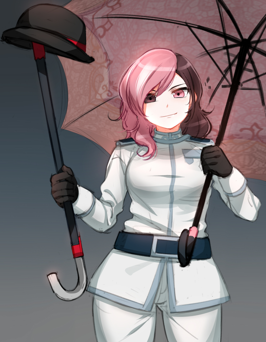 1girl belt bowler_hat brown_eyes brown_hair cane cowboy_shot female_focus gloves hat heterochromia highres long_hair multicolored_hair ndgd neopolitan_(rwby) pink_eyes pink_hair rwby solo split-color_hair spoilers umbrella uniform