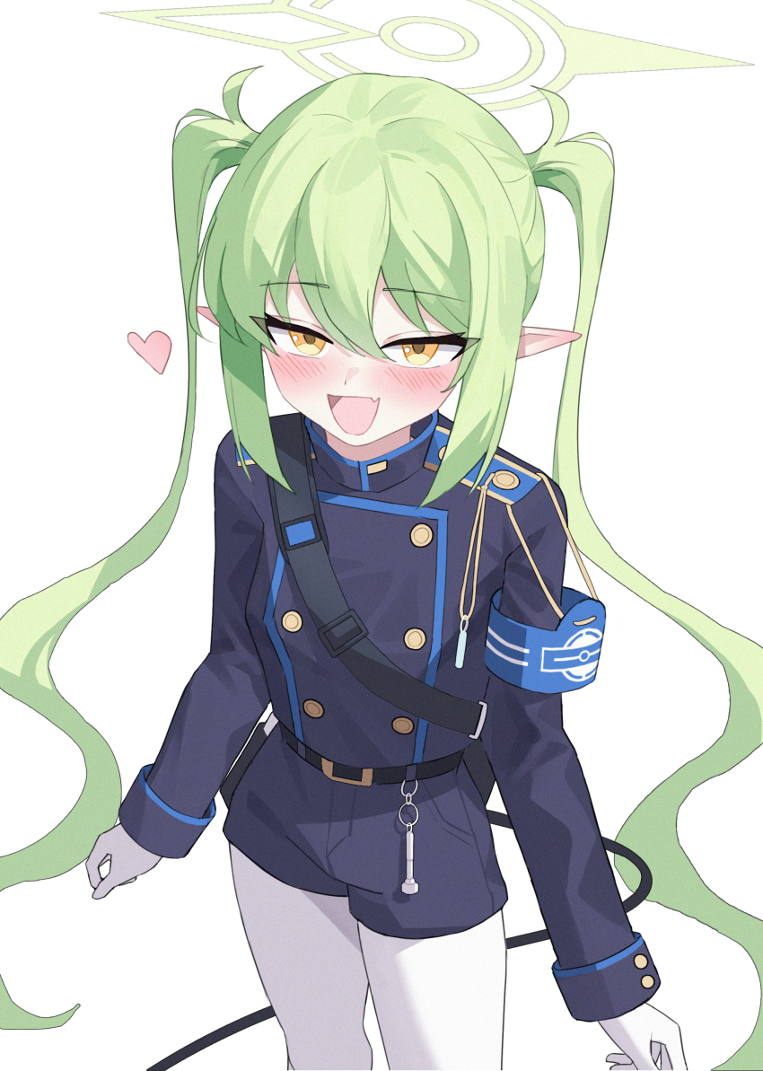 1girl absurdres armband belt black_belt blue_archive blue_armband blue_shirt blue_shorts blush commentary_request cowboy_shot demon_tail fang gloves green_hair green_halo halo heart highres kakago long_hair long_sleeves looking_at_viewer nozomi_(blue_archive) open_mouth pantyhose pointy_ears shirt shorts simple_background skin_fang smile solo tail twintails very_long_hair white_background white_gloves white_pantyhose yellow_eyes