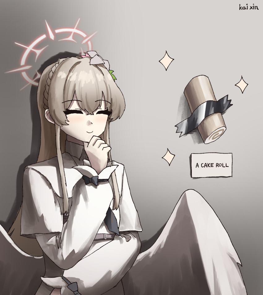 1girl absurdres angel_wings artist_name blue_archive brown_hair cake closed_eyes closed_mouth comedian_(artwork) dress feathered_wings flower food hair_flower hair_ornament halo highres kai_xin long_hair long_sleeves nagisa_(blue_archive) short_hair solo swiss_roll upper_body white_dress white_wings wings