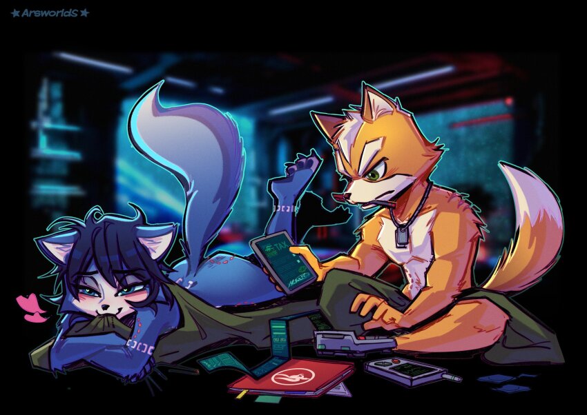 1boy 1girl ass bite_mark bite_mark_on_arm bite_mark_on_ass blanket blue_fur calculator completely_nude dog_tags doing_taxes fox_boy fox_girl fox_mccloud furry furry_female furry_male furry_with_furry green_eyes heart heart_in_eye highres implied_after_sex jewelry krystal mamafurba necklace nintendo nude star_fox symbol_in_eye tattoo