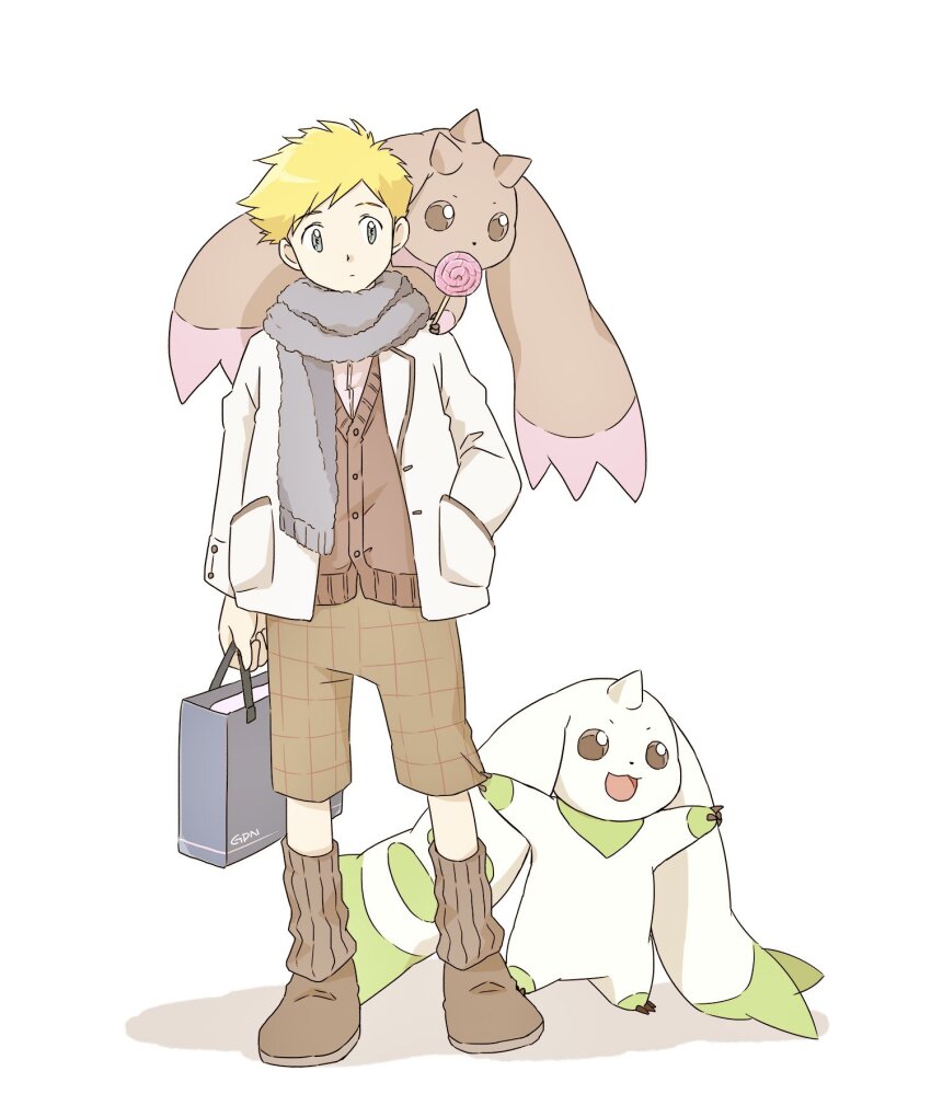 1boy bag blonde_hair blue_bag blue_eyes brown_cardigan brown_footwear brown_shorts brown_socks candy cardigan checkered_clothes checkered_shorts creature creature_on_shoulder digimon digimon_(creature) digimon_adventure_02 dress_shirt food gdn0522 grey_scarf highres holding holding_bag jacket kneehighs lollipop long_sleeves lopmon male_focus on_shoulder open_clothes open_jacket pink_shirt scarf shirt short_hair shorts socks solo terriermon wallace_(digimon_adventure) white_jacket