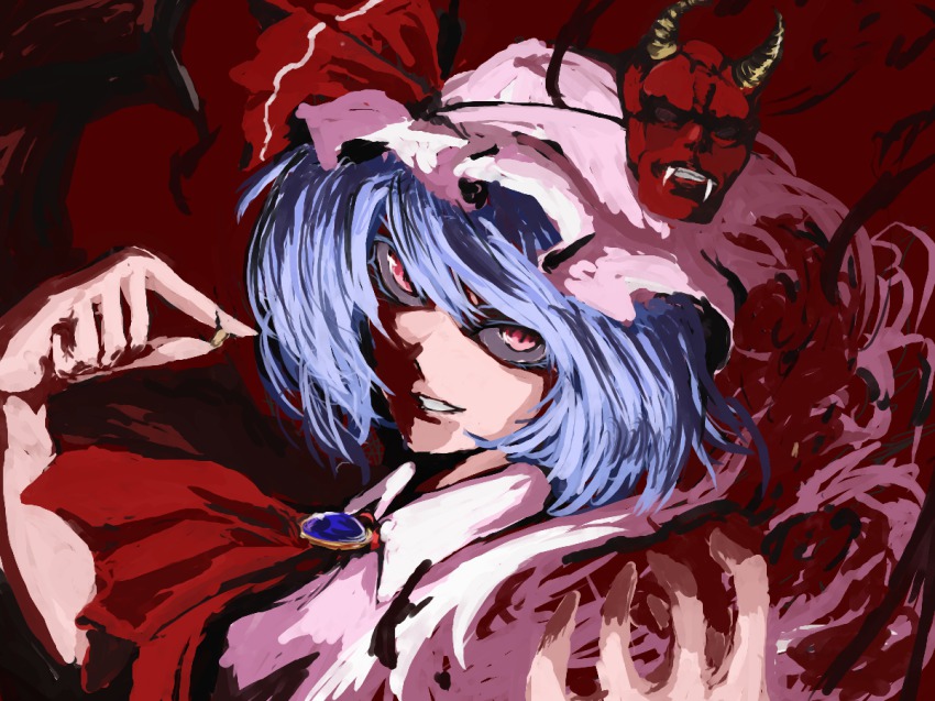 1girl amatou3 ascot blue_hair brooch colored_eyelashes faux_traditional_media female_focus hat horns jewelry mask red_eyes remilia_scarlet short_hair smile solo touhou vampire