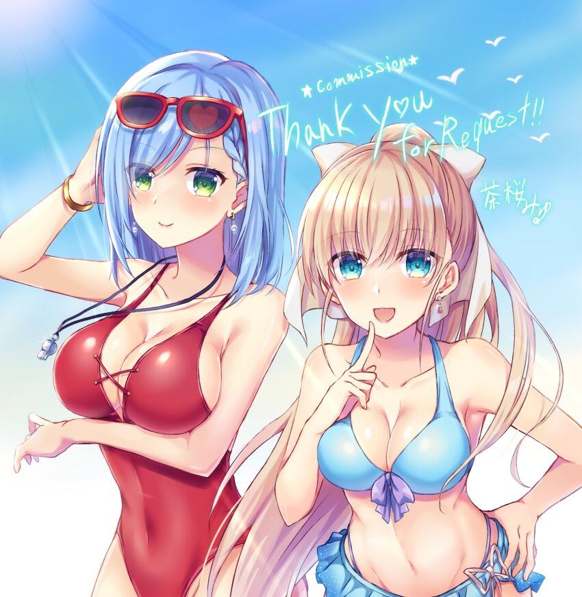 2girls :d absurdres arm_up bare_arms bikini bikini_skirt blonde_hair blue_bikini blue_eyes blue_hair bow bracelet braid breast_press breasts casual_one-piece_swimsuit cleavage closed_mouth collarbone commission earrings eyewear_on_head floating_hair green_eyes groin hair_between_eyes hair_bow hand_in_own_hair highres jewelry large_breasts long_hair looking_at_viewer medium_breasts multiple_girls navel nishijou_myu one-piece_swimsuit open_mouth original ponytail red-framed_eyewear red_one-piece_swimsuit sideboob single_braid skeb_commission smile sunglasses sunlight swimsuit very_long_hair whistle white_bow