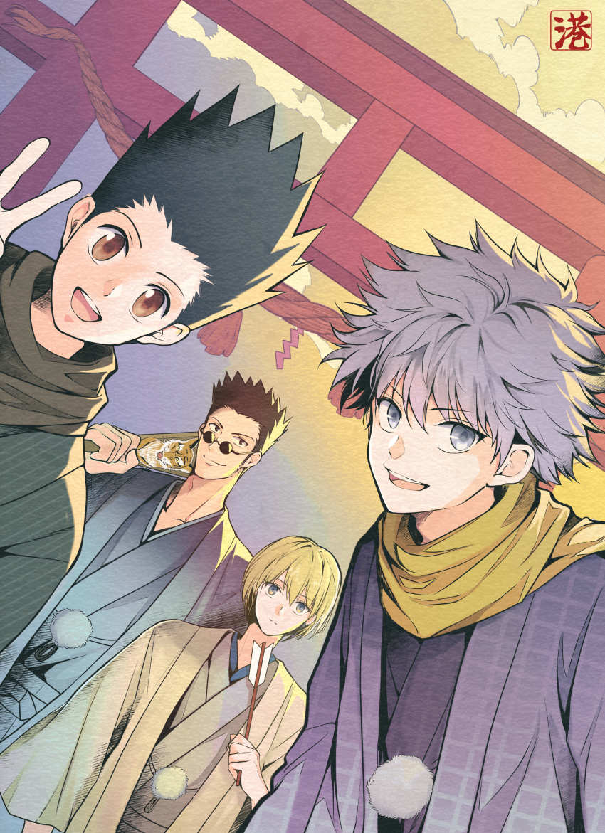 4boys absurdres black_hair blonde_hair blue_eyes gon_freecss highres hunter_x_hunter japanese_clothes killua_zoldyck kurapika leorio_paladiknight minato_x3710 multiple_boys open_mouth short_hair spiked_hair sunglasses