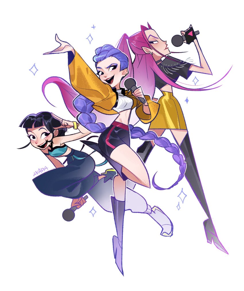 3girls akada arm_up artist_name black_boots black_gloves black_hair black_pants black_shirt boots braid commentary english_commentary fingerless_gloves full_body gloves gold_jacket gold_skirt high_heel_boots high_heels highres holding holding_microphone knee_boots kpop_demon_hunters long_hair microphone midriff mira_(kpop_demon_hunters) multiple_girls open_mouth pants pink_hair purple_hair rumi_(kpop_demon_hunters) shirt short_hair sideways_glance simple_background teeth thigh_boots upper_teeth_only v white_background white_shirt zoey_(kpop_demon_hunters)
