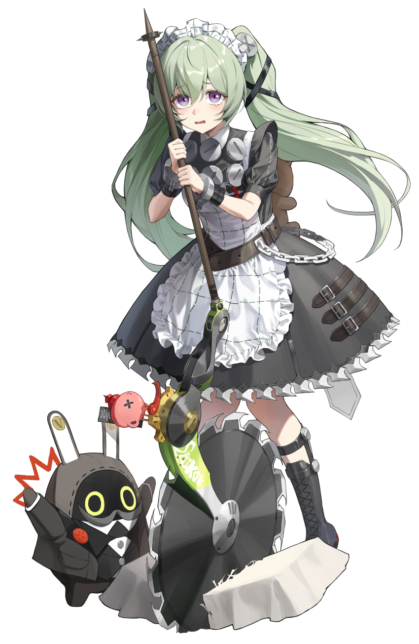1girl absurdres alohayuja apron bangboo_(zenless_zone_zero) butler_(zenless_zone_zero) corin_wickes full_body green_hair highres holding holding_weapon long_hair maid maid_apron maid_headdress open_mouth puffy_short_sleeves puffy_sleeves purple_eyes saw short_sleeves simple_background solo standing twintails weapon white_background zenless_zone_zero