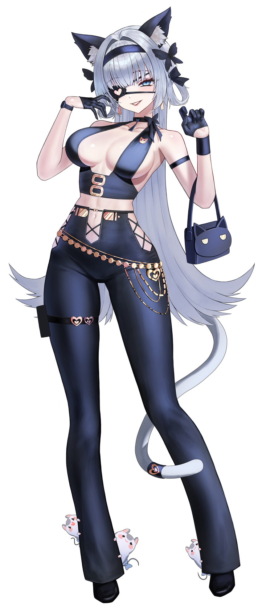 1girl absurdres animal_ears bag bare_shoulders belly_chain black_choker black_gloves black_hairband black_pants black_ribbon black_shoes blue_eyes blush breasts butterfly_hair_ornament cat_ears cat_tail choker crop_top earrings eruthu eyepatch full_body gloves grey_hair grin hair_intakes hair_ornament hair_ribbon hair_rings hairband half_gloves hands_up heart high-waist_pants highres hip_vent jewelry large_breasts long_hair looking_at_viewer luvdia mouse_(animal) navel one_eye_covered pants pouch ribbon shoes shoulder_bag simple_background smile solo standing tail tail_around_own_leg thigh_pouch thigh_strap u-lili very_long_hair virtual_youtuber watch white_background wristwatch