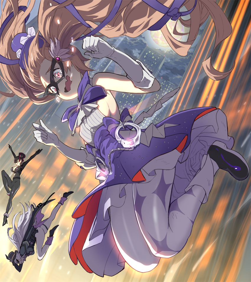 3girls alternate_costume artist_request ass bare_shoulders black_hair bodysuit boots breasts brown_eyes brown_hair dress drill_hair falling fang goddess_of_victory:_nikke hair_ribbon hairline hat highres large_breasts long_hair looking_down mask miranda_(nikke) miranda_(thief_of_justice)_(nikke) multiple_girls pantyhose phantom_(nikke) quency_(escape_queen)_(nikke) quency_(nikke) red_eyes ribbon short_dress skin_fang smile tears twin_drills twintails very_long_hair