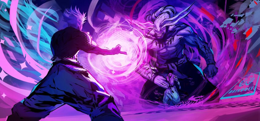 3boys arm_tattoo arm_wrap artist_logo artist_name black_hair chest_markings chest_tattoo eight-handed_wheel eyes_on_wings facial_tattoo forehead_tattoo four_eyes gojou_satoru hair_pulled_back head_tail highres jujutsu_kaisen jujutsu_tech_uniform logo mahoraga_(jujutsu_kaisen) maskoo185826 monster multiple_boys pants ryoumen_sukuna_(jujutsu_kaisen) shikigami short_hair shoulder_tattoo spiked_hair tattoo teeth wheel wheel_of_dharma white_hair wrist_tattoo