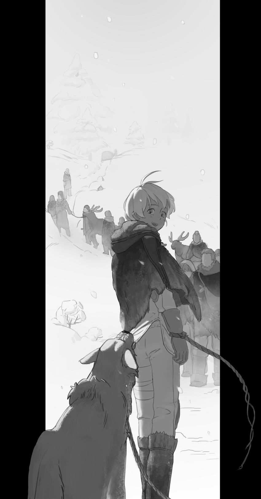 6+boys 6+girls :d absurdres animal antenna_hair arms_at_sides boots capelet cloak clothes_grab commentary_request faceless from_behind fumetsu_no_anata_e fushi gloves greyscale happy highres hill hood hood_down hooded_capelet joan_(fumetsu_no_anata_e) letterboxed long_sleeves looking_at_viewer looking_back monochrome mouth_hold multiple_boys multiple_girls open_mouth pants pulling_back queue reindeer robe rope shirt simple_background smile snow snowing solo_focus standing torn_clothes torn_robe waiting walking wolf yiyo7754