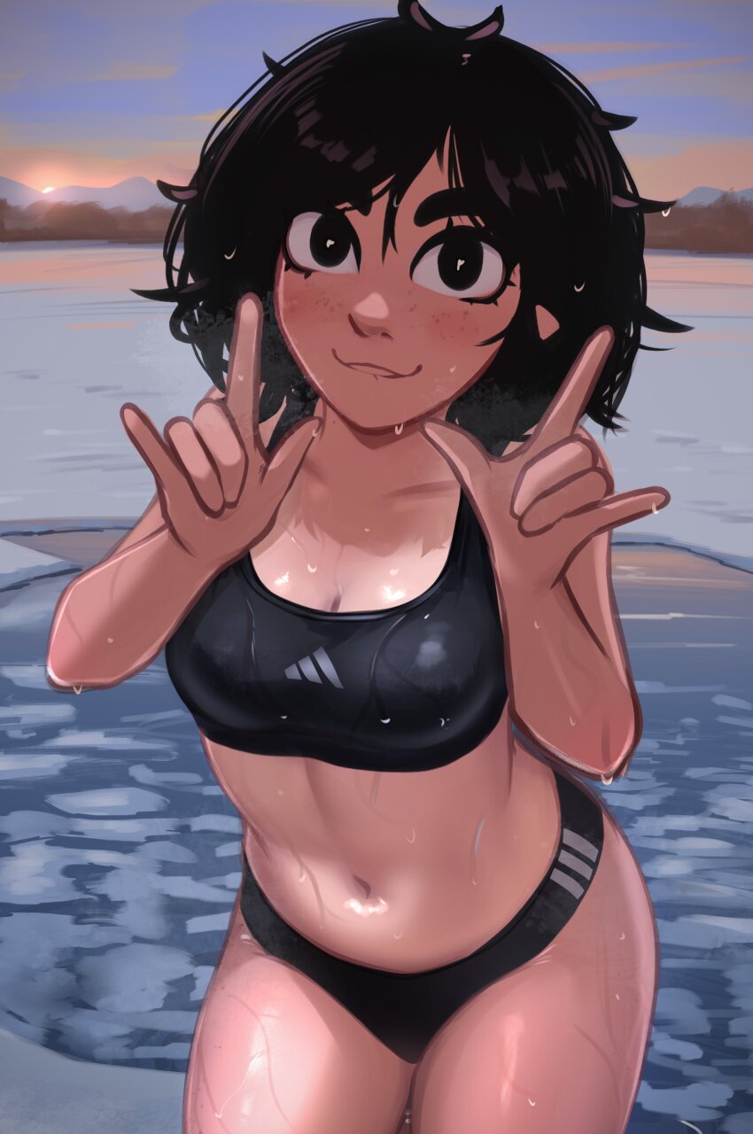 absurdres adidas flushed_cheeks highres mountain seal_(animal) skyline tomboy veyonis yuna_(veyonis)