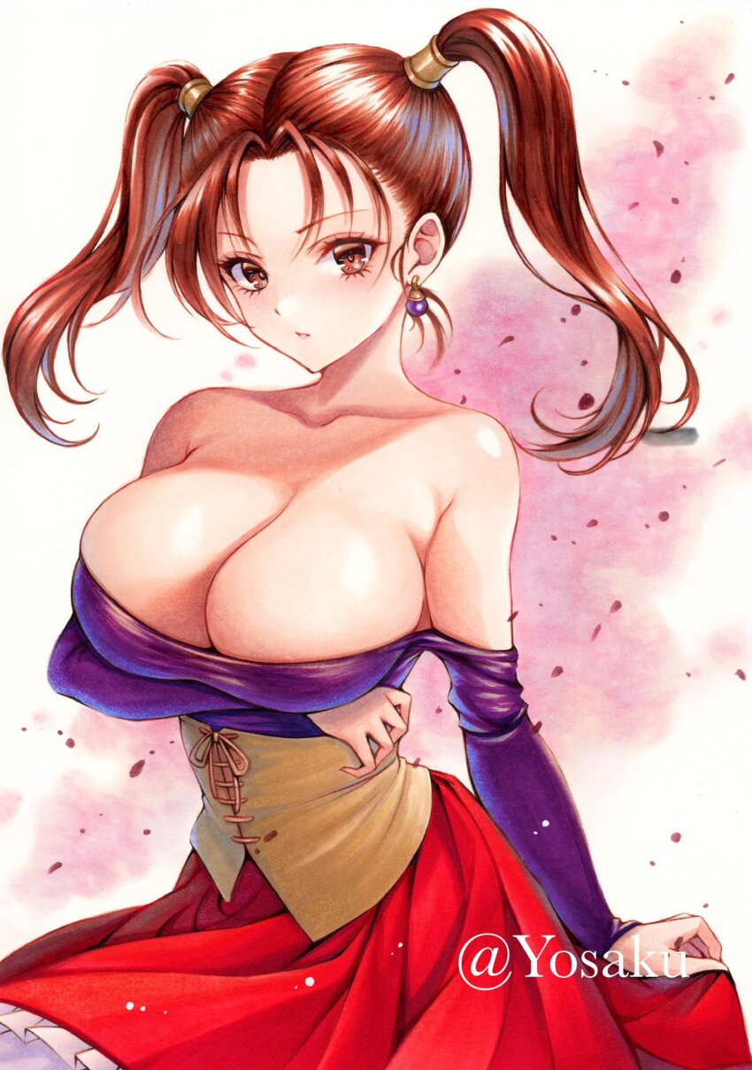 1girl arm_under_breasts artist_name bare_shoulders breasts brown_eyes brown_hair cleavage collarbone commentary_request dragon_quest dragon_quest_viii earrings gem hair_tubes highres jessica_albert jewelry large_breasts looking_at_viewer metal_hair_tubes off_shoulder parted_lips purple_gemstone purple_shirt red_skirt shirt skirt solo sphere_earrings traditional_media twintails upper_body white_background yellow_corset yosaku_vs_hina