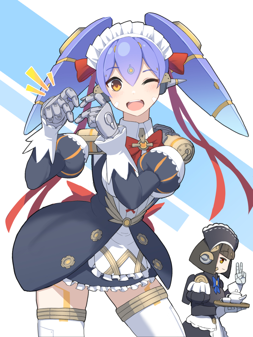 2girls absurdres cup female_focus highres joints lila_(xenoblade) maid maid_headdress medaman multiple_girls poppi_(xenoblade) poppi_qt_(xenoblade) robot_girl robot_joints teacup xenoblade_chronicles_(series) xenoblade_chronicles_2
