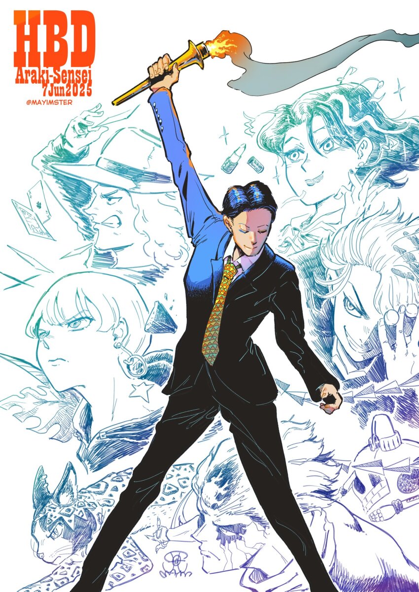 1girl 5boys araki_hirohiko_(person) arm_up baoh baoh_raihousha birthmark black_hair black_pants black_suit bt_(ma_shounen_bt) busoupo-ka- card cat closed_eyes commentary cracked_skin dolce_(under_execution_under_jailbreak) dolce_and_his_master earrings english_commentary fire formal_clothes freddie_mercury&#039;s_rage_pose gorgeous_irene hat highres holding holding_torch irene_rapona jewelry jodio_joestar joestar_birthmark jojo_no_kimyou_na_bouken lipstick long_bangs long_hair ma_shounen_bt makeup mayimster mike_harper multiple_boys necktie pants real_life shirt short_hair smile standing suit the_jojolands torch triangle_print weapon white_background yellow_necktie