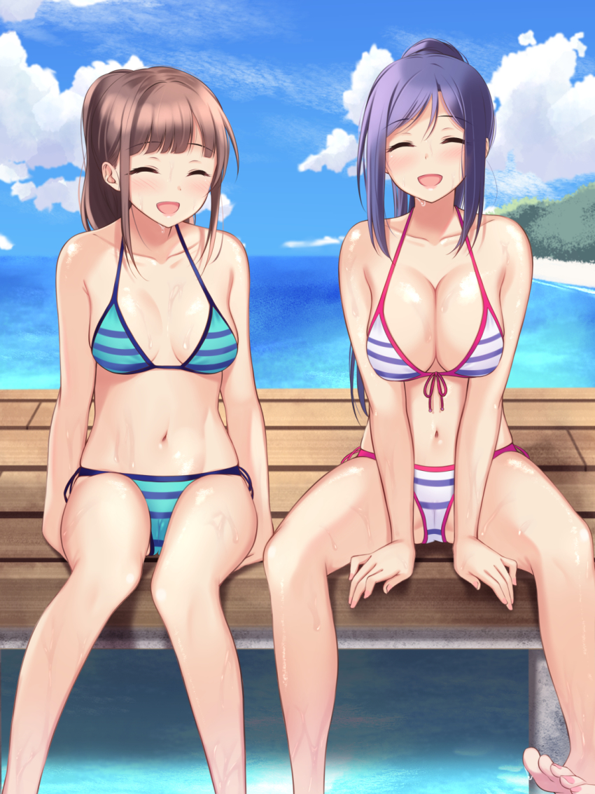 2girls aqua_bikini bad_id bad_pixiv_id bare_legs bare_shoulders barefoot bikini blue_bikini blue_hair blue_sky blush breasts brown_hair cleavage closed_eyes cloud collarbone day facing_viewer feet feet_out_of_frame female_focus front-tie_bikini_top front-tie_top hair_between_eyes halterneck high_ponytail highres long_hair looking_at_viewer love_live! love_live!_school_idol_festival love_live!_sunshine!! matsuura_kanan medium_breasts mobukichi multiple_girls nail_(hardware) nail_polish navel ocean open_mouth outdoors parted_lips pink_nails ponytail purple_hair real_life_insert side-tie_bikini_bottom sitting sky smile string_bikini striped_bikini striped_bikini_top striped_clothes suwa_nanaka swimsuit toenail_polish toenails water white_bikini