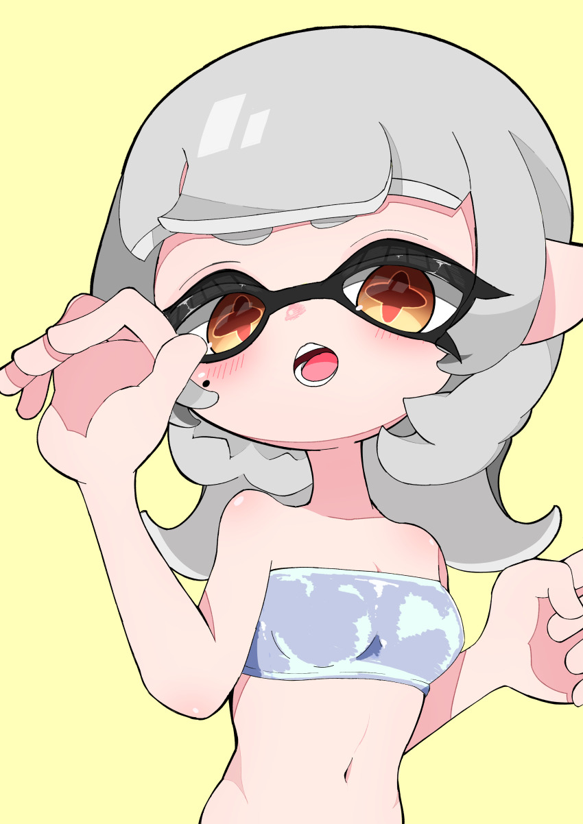 1girl blunt_bangs blush domino_mask grey_hair inkling long_hair looking_at_viewer marie_(splatoon) marie_(summer_nights)_(splatoon) mask midriff mole mole_under_eye navel nintendo official_alternate_costume official_alternate_hairstyle open_mouth pointy_ears solo splatoon_(series) splatoon_3 strapless tentacle_hair tube_top yellow_background yellow_eyes