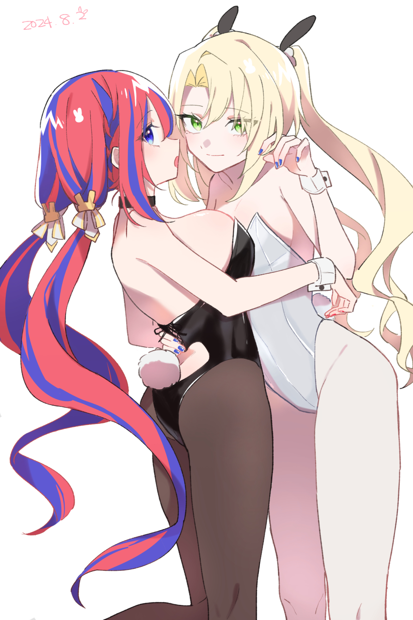 2girls absurdres alear_(female)_(fire_emblem) alear_(fire_emblem) alfred_(fire_emblem) alternate_costume black_leotard blonde_hair blue_eyes blue_hair blue_nails breasts fake_tail fire_emblem fire_emblem_engage genderswap genderswap_(mtf) green_eyes highres large_breasts leotard long_hair looking_at_viewer multicolored_hair multiple_girls nail_polish nintendo pantyhose playboy_bunny rabbit_tail red_hair red_nails rororotsu small_breasts smile split-color_hair tail twintails two-tone_hair very_long_hair white_leotard white_wrist_cuffs wrist_cuffs