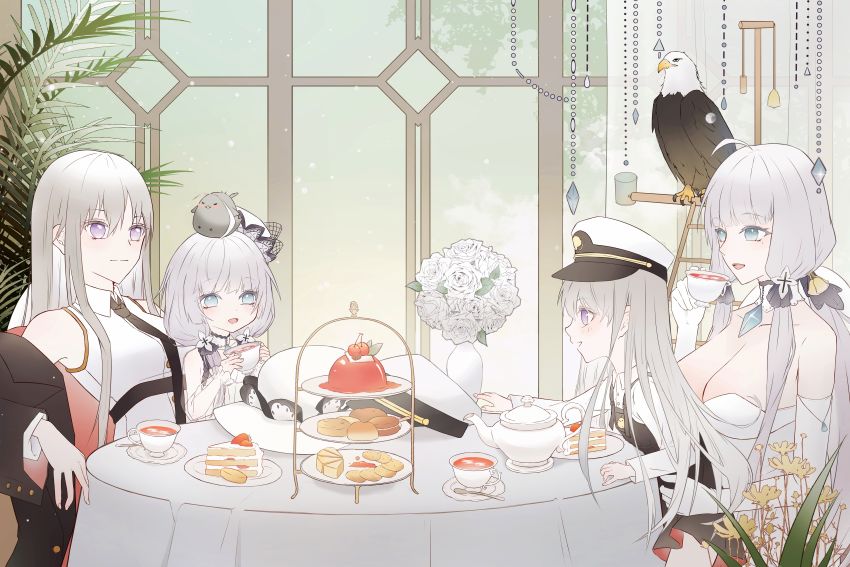 4girls :d absurdres animal animal_on_head azur_lane bird bird_on_head black_coat blue_eyes breasts cake cake_slice cherry coat coat_dress collared_shirt cup dress eagle elbow_gloves enterprise_(azur_lane) flower food fruit gelatin gloves grey_eyes hat highres holding holding_cup huge_breasts illustrious_(azur_lane) lace_trim large_breasts little_enterprise_(azur_lane) little_illustrious_(azur_lane) long_hair low_twintails military_hat multiple_girls necktie on_head open_mouth overall_skirt peaked_cap plant rose see-through_clothes shirt sleeveless smile strapless strapless_dress strawberry_shortcake sun_hat tea teacup teapot tiered_tray tilted_headwear twintails upper_body vase very_long_hair white_dress white_flower white_gloves white_hair white_headwear white_rose white_shirt xiaoli_(1507) aged_down