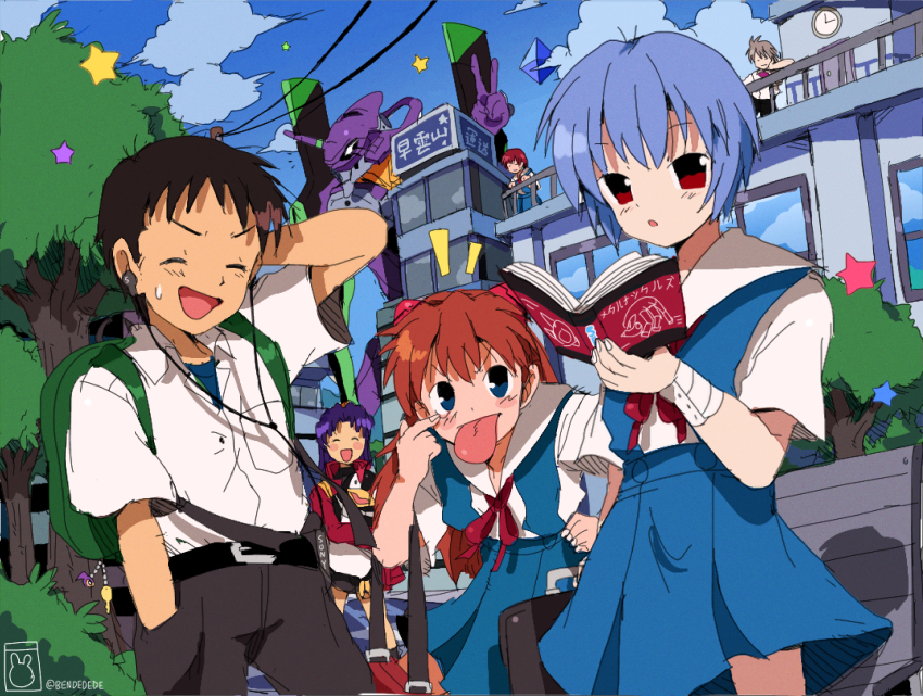 2boys 4girls akanbe angel_(evangelion) arm_behind_head ayanami_rei bendedede bird blue_hair blush book closed_eyes earphones eva_01 evangelion_(mecha) eyelid_pull hand_on_own_hip happy highres holding holding_book ikari_shinji interface_headset_(evangelion) jacket katsuragi_misato kirishima_mana mecha metal_knuckles multiple_boys multiple_girls nagisa_kaworu neon_genesis_evangelion orange_hair outdoors penguin penpen ramiel_(evangelion) reading red_eyes red_jacket robot scenery school_uniform science_fiction short_hair sonic_(series) souryuu_asuka_langley star_(symbol) sweatdrop tokyo-3_middle_school_uniform tongue tongue_out translation_request tree