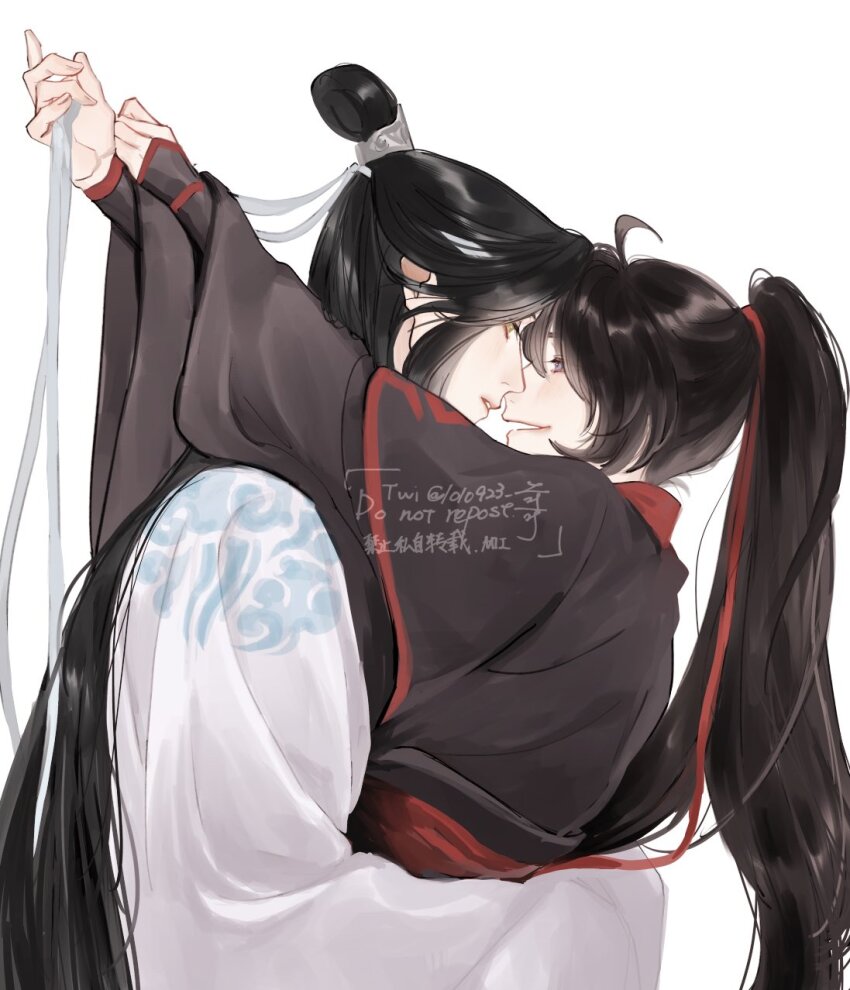 1010923 2boys ahoge arms_around_neck arms_up bishounen black_hair black_hanfu chinese_clothes couple eye_contact face-to-face from_side grey_eyes hair_ribbon hanfu headband high_ponytail highres holding holding_ribbon hug imminent_kiss lan_wangji long_hair long_sleeves looking_at_another male_focus modao_zushi multiple_boys parted_lips ponytail profile red_ribbon red_sash ribbon robe sash simple_background sleeves_past_wrists smile topknot twitter_username very_long_hair watermark wei_wuxian white_background white_hanfu white_headband wide_sleeves xiao_guan_(headdress) yaoi yellow_eyes