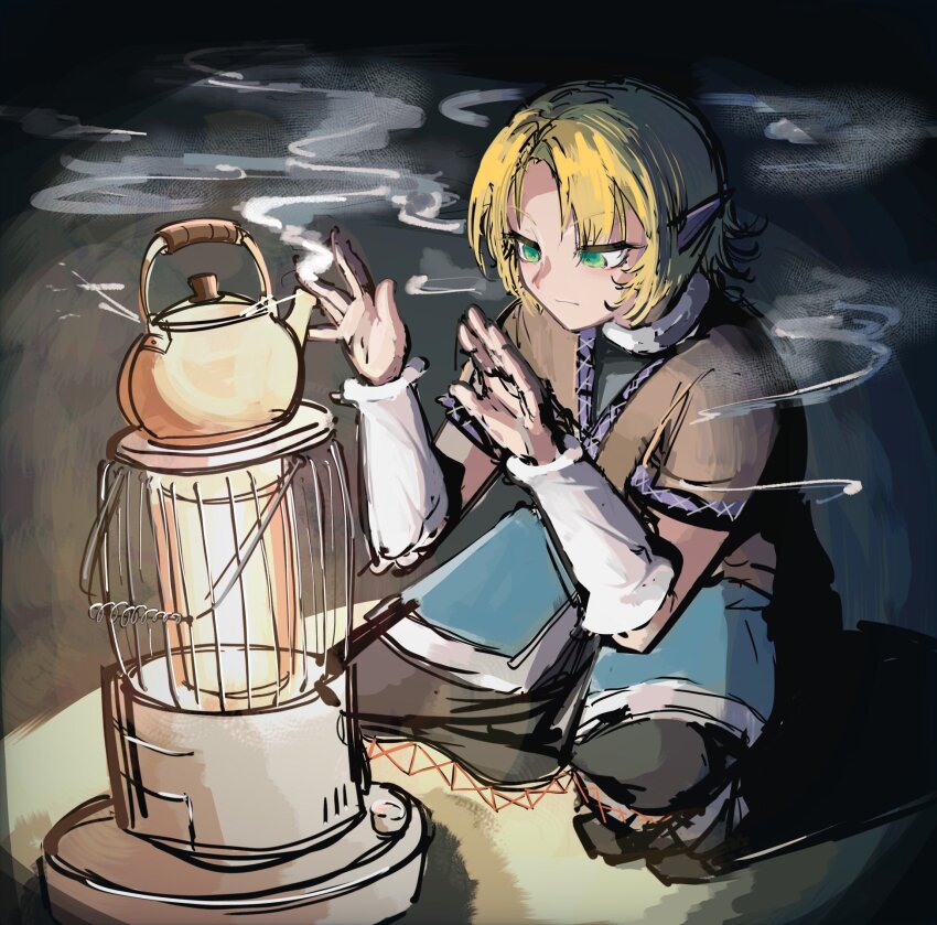 1girl arm_warmers black_shirt black_skirt blonde_hair brown_shirt closed_mouth cookie_(touhou) expressionless full_body green_eyes highres joker_(cookie) kerosene_heater mizuhashi_parsee odoro_(nicoseiga81184094) parted_bangs pointy_ears scarf shirt short_hair short_sleeves skirt solo squatting steam teapot touhou undershirt warming white_scarf