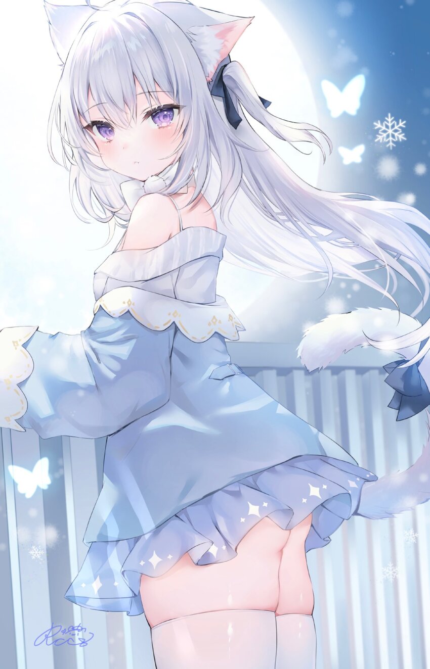 1girl against_railing animal_ear_fluff animal_ears black_bow blue_bow blue_dress blush bow bowtie bug butterfly cat_ears cat_girl cat_tail double-parted_bangs dress frilled_dress frills from_side glowing_butterfly hair_bow highres insect long_hair off_shoulder original purple_eyes railing rucaco snowflakes solo spaghetti_strap tail tail_bow tail_ornament thighhighs thighs white_bow white_bowtie white_hair white_thighhighs winter