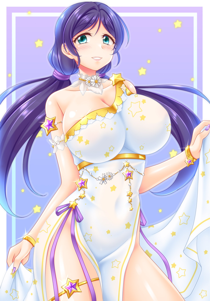 1girl asymmetrical_clothes blush bracelet breasts dress green_eyes highres jewelry large_breasts long_hair looking_at_viewer love_live! love_live!_school_idol_project purple_hair purple_ribbon ribbon side_slit smile star-shaped_gem star_(symbol) star_print tojo_nozomi twintails utomo white_dress