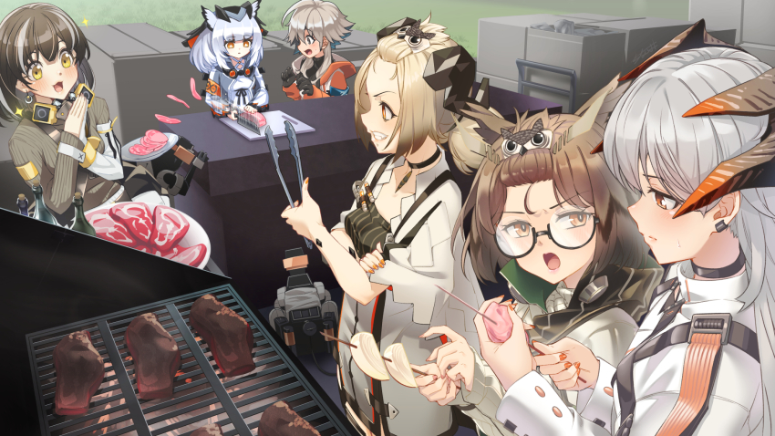 6+girls :d arknights black-framed_eyewear black_choker black_gloves black_hair breasts brown_eyes brown_hair brown_sweater choker chopping closed_mouth collarbone commentary_request cooking cutting_board ear_piercing food forehead glasses gloves grey_hair grill grilling grin highres holding holding_food holding_knife hood hood_down hooded_jacket horns ifrit_(arknights) jacket knife long_hair long_sleeves magallan_(arknights) mayer_(arknights) meat multicolored_hair multiple_girls nail_polish necktie open_mouth orange_jacket orange_necktie palms_together piercing pointing ptilopsis_(arknights) puffy_long_sleeves puffy_sleeves ribbed_sweater robot saria_(arknights) semi-rimless_eyewear seto_tinami shirt silence_(arknights) sleeves_past_wrists small_breasts smile sparkle steak streaked_hair sweater tongs under-rim_eyewear white_hair white_shirt