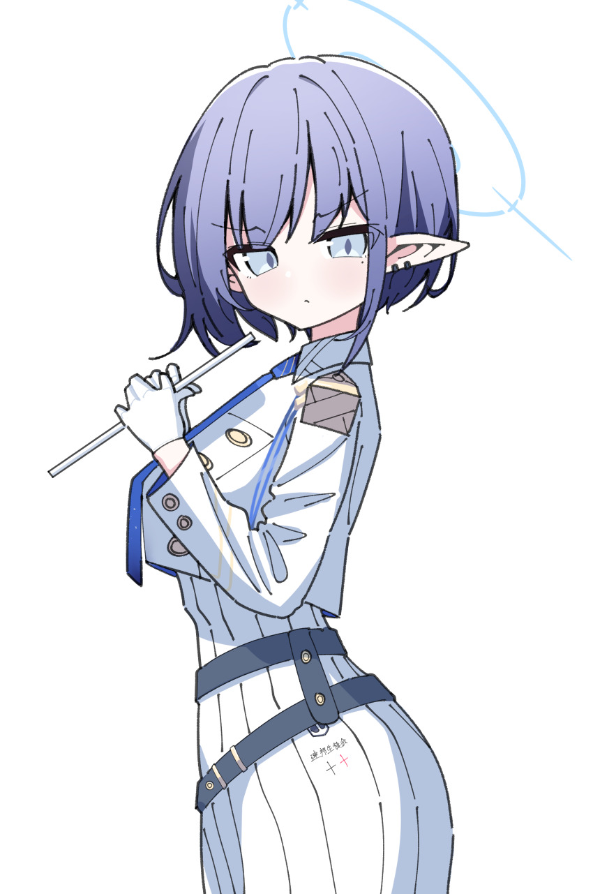1girl 525_woiwo absurdres aoi_(blue_archive) blue_archive blue_eyes gloves halo highres medium_hair pointy_ears purple_hair simple_background solo white_background white_gloves white_uniform