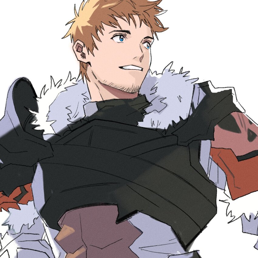 1boy ardbert_hylfyst armor blue_eyes brown_hair commentary facial_hair final_fantasy final_fantasy_xiv fur-trimmed_armor fur-trimmed_gloves fur_trim garbage_paper gloves goatee highres light_brown_hair looking_to_the_side male_focus parted_lips pauldrons shoulder_armor simple_background single_pauldron solo teeth upper_body white_background
