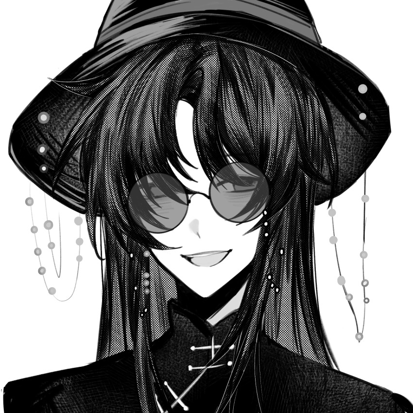 1boy beads chinese_commentary commentary_request greyscale hat highres huai_yunqing long_hair male_focus monochrome open_mouth parted_bangs portrait qishi_wuxiao round_eyewear simple_background smile solo sunglasses teeth touqi_guaitan upper_teeth_only white_background