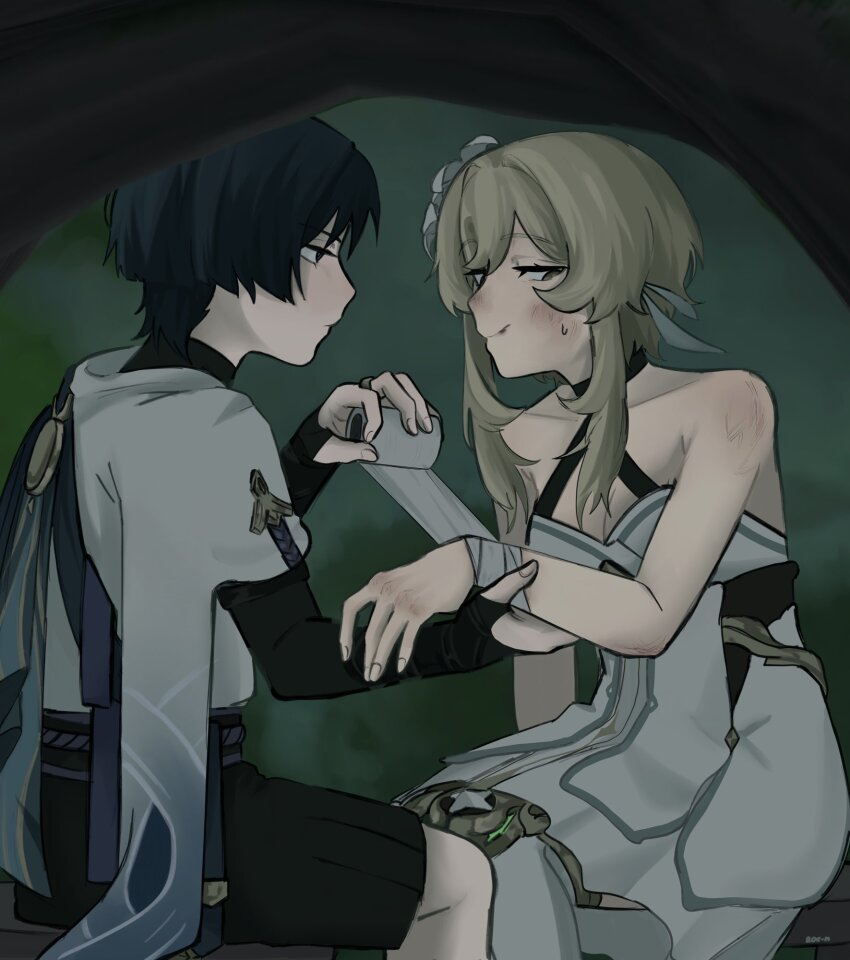 1boy 1girl aqua_trim armor artist_name averting_eyes bandaged_wrist bandages bare_shoulders belt black_belt black_bodysuit black_bridal_gauntlets black_eyes black_hair black_shorts blonde_hair blue_cape bodysuit breasts bridal_gauntlets bruise bruise_on_face bruise_on_shoulder cape cleavage closed_mouth collarbone expressionless fingernails first_aid flower furisode genshin_impact gold gold_ring hair_flower hair_ornament hakama hakama_shorts halterneck highres holding_bandages injury japanese_armor japanese_clothes kimono kote kurokote looking_at_another looking_down lumine_(genshin_impact) middle_ring outdoors pleated_shorts purple_rope purple_sash rope sash scaramouche_(genshin_impact) short_hair short_hair_with_long_locks short_sleeves shorts sidelocks sitting small_breasts sweatdrop taking_shelter thighhighs turtleneck turtleneck_bodysuit wanderer_(genshin_impact) white_flower white_kimono white_sleeves white_thighhighs white_trim zac-n