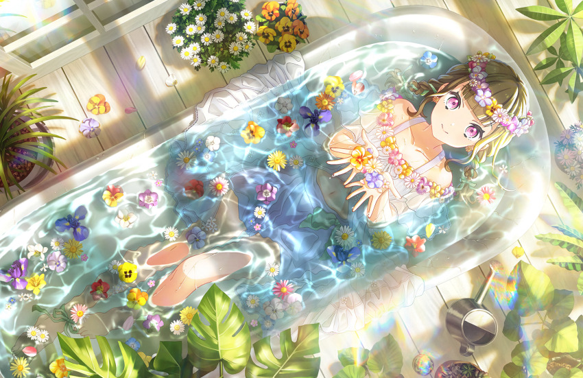 1girl ankle_ribbon bare_shoulders barefoot bikini blue_flower blush braid brown_hair center-flap_bangs closed_mouth collarbone daisy day flower flower_bikini flower_wreath from_above full_body game_cg green_ribbon head_wreath her-bath-rium highres holding holding_flower in_bathtub indoors kachimachi_kosuzu knees_up leg_ribbon lens_flare link!_like!_love_live! long_hair looking_at_viewer love_live! midriff navel non-web_source off-shoulder_bikini off_shoulder official_alternate_costume official_art orange_flower partially_submerged pink_flower plant potted_plant purple_flower ribbon sidelocks smile solo swimsuit twin_braids virtual_youtuber watering_can white_bikini white_flower window_shadow yellow_flower