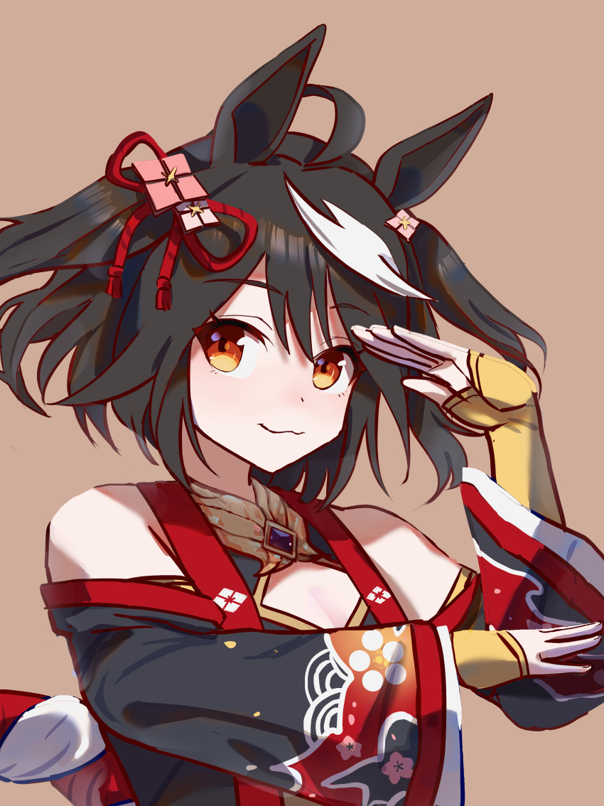 1girl :3 absurdres ahoge animal_ears bare_shoulders black_hair brown_background chanchanko_(clothes) cleavage_cutout closed_mouth clothing_cutout commentary_request ear_ornament hair_between_eyes highres horse_ears horse_girl kitasan_black_(umamusume) kouhaku_nawa long_sleeves multicolored_hair no_uwazumi open_clothes rope shimenawa simple_background smile solo streaked_hair two_side_up umamusume upper_body white_hair wide_sleeves