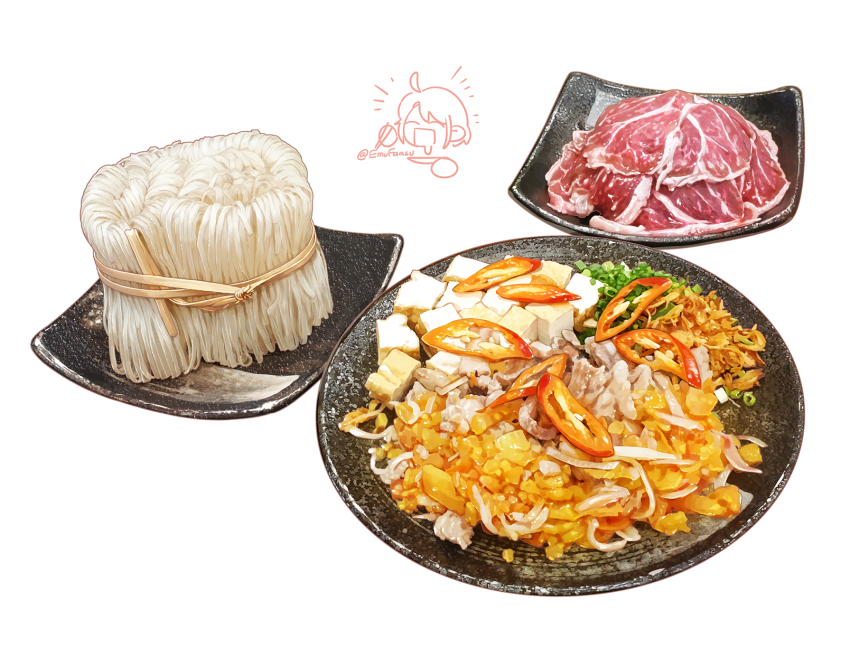 chili_pepper emufaasu food food_focus food_request highres hotpot meat nabe no_humans noodles original plate raw_meat realistic signature simple_background still_life tofu white_background