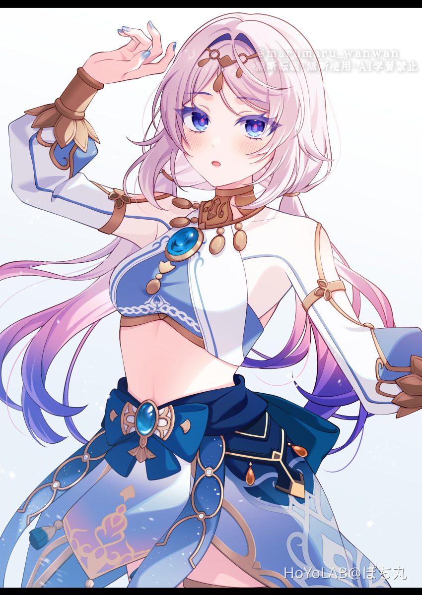 1girl absurdres arm_up blue_eyes blue_gemstone blue_nails blue_skirt blush breasts circlet citlali_(genshin_impact) commentary_request cosplay cowboy_shot crop_top fingernails gem genshin_impact gold_trim highres long_hair long_sleeves looking_at_viewer medium_breasts multicolored_hair nail_polish nilou_(genshin_impact) nilou_(genshin_impact)_(cosplay) parted_lips pink_hair pink_pupils pochimaru_(marumaru_wanwan) puffy_long_sleeves puffy_sleeves purple_hair skirt solo stomach very_long_hair white_background