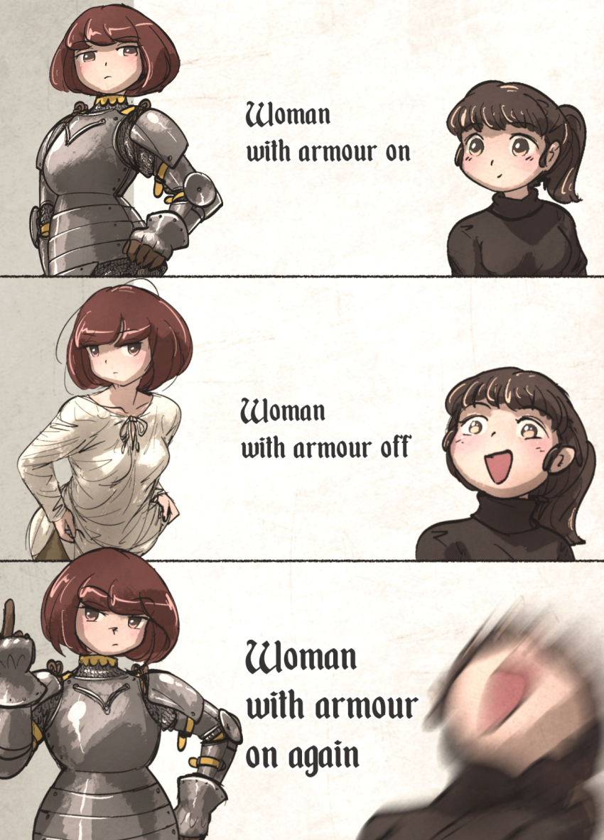 2girls armor brown_eyes brown_hair collarbone cuirass faulds gauntlets highres ironlily lady_leonie_(ironlily) meme middle_finger multiple_girls ordo_mediare_sisters_(ironlily) pauldrons plate_armor ponytail rondel shirt shoulder_armor turtleneck vince_mcmahon_reaction_(meme) white_shirt