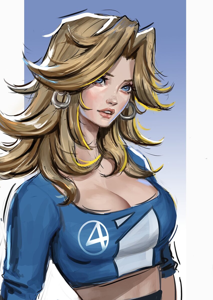 1girl adapted_costume blonde_hair blue_background blue_eyes blue_shirt border breasts cleavage commentary earrings english_commentary fantastic_four gradient_background highres jewelry large_breasts lips long_hair long_sleeves looking_at_viewer marvel marvel_rivals midriff number_print outside_border shirt simple_background solo sue_storm teeth upper_body whails white_border
