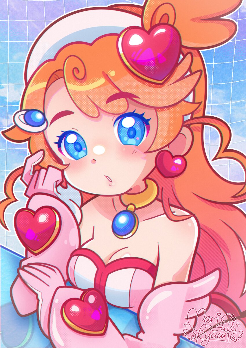 1girl absurdres artist_name artist_self-insert bare_shoulders beret blue_eyes blush breast_rest breasts breasts_on_table choker cleavage collarbone commentary curly_hair cyber_fashion detached_sleeves dot_nose dress earrings elbow_rest elbows_on_table finger_to_head gem gloves gold_choker gradient_sky grid_background hair_ornament hairclip halftone hat heart heart_earrings heart_hair_ornament highres index_finger_raised indie_virtual_youtuber jewelry long_hair long_sleeves looking_at_viewer magical_girl marikyuunn marikyuunn_(vtuber) marikyuunn_(vtuber)_(cyber_cupid) medium_breasts official_alternate_costume orange_hair parted_lips pink_dress pink_gloves pink_sleeves ponytail short_ponytail signature sky solo strapless strapless_dress tareme thick_eyebrows upper_body very_long_hair virtual_youtuber white_hat