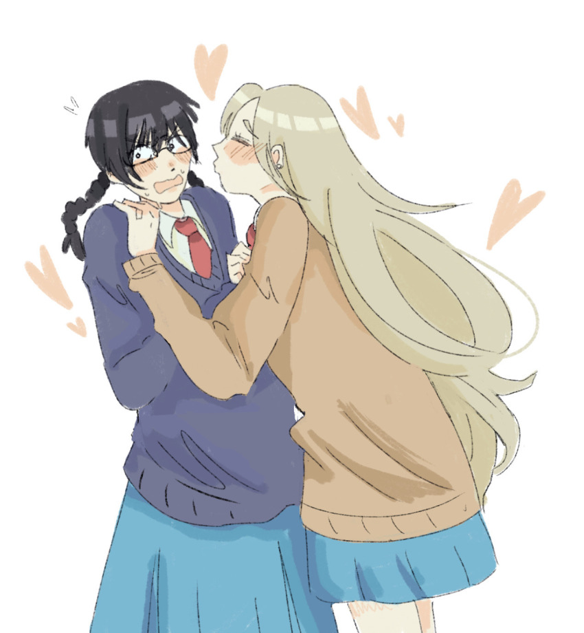 2girls black_hair blue_skirt blue_sweater blush brown_sweater closed_eyes couple embarrassed glasses hand_on_another&#039;s_chest hand_on_another&#039;s_shoulder heart kurume_makoto leaning_back leaning_forward long_skirt looking_to_the_side mizumews multiple_girls murashige_yuzuki open_mouth puckered_lips rejected_kiss school_uniform skip_to_loafer skirt sweater white_background yuri