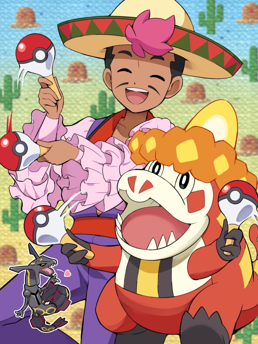 1boy absurdres alternate_color black_hair brock_(pokemon) brock_(pokemon)_(cosplay) charro claws cosplay crocalor crocodilian dark-skinned_male dark_skin dragon fangs fire gen_3_pokemon hat highres holding holding_instrument holding_maracas instrument legendary_pokemon maracas mariachi mexican_clothes mexico nintendo open_mouth pokemoa pokemon pokemon_(anime) pokemon_(creature) pokemon_horizons rayquaza roy_(pokemon) sharp_teeth shiny_pokemon shirt smile sombrero tail teeth tongue