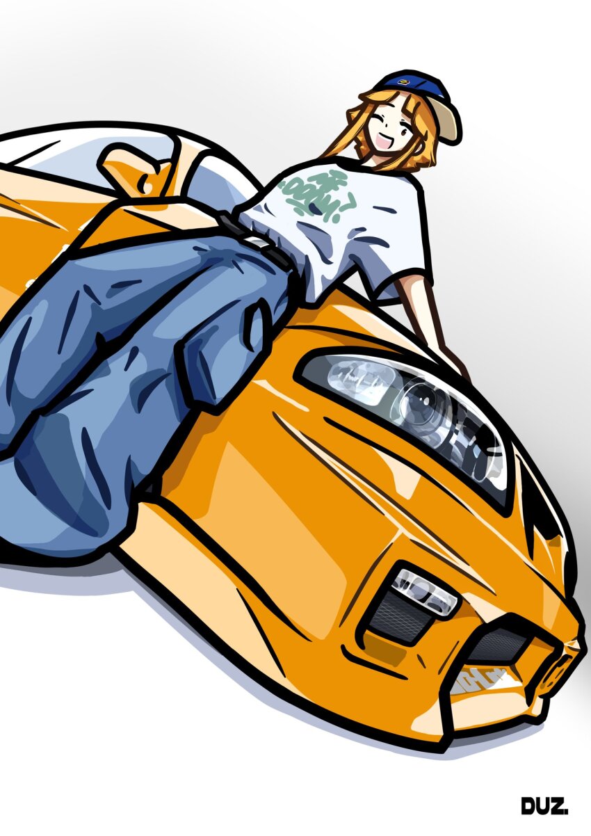1girl artist_name baseball_cap belt black_belt blonde_hair blue_hat blue_pants cargo_pants commentary duz english_commentary furuda_keiko_(duz) hat highres nissan nissan_skyline nissan_skyline_r33 one_eye_closed original pants red_eyes shirt shirt_tucked_in smile solo white_shirt