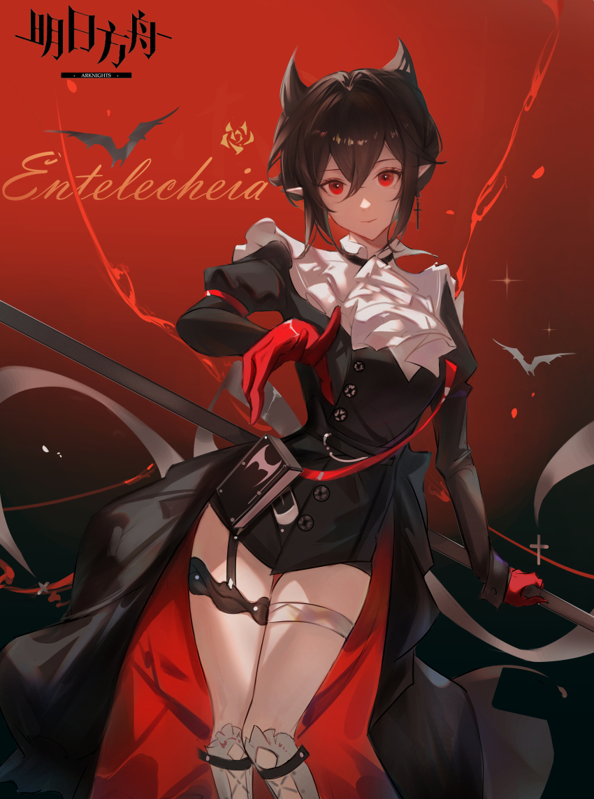 1girl absurdres animal arknights ascot bat_(animal) black_dress black_hair character_name chinese_commentary closed_mouth commentary_request copyright_name cross cross_earrings dress earrings entelechia_(arknights) feet_out_of_frame gloves grey_socks hair_between_eyes hair_horns highres jewelry juliet_sleeves kneehighs latin_cross long_sleeves looking_at_viewer pointy_ears puffy_sleeves red_background red_eyes red_gloves short_hair socks solo sparkle standing white_ascot yuki_sweet_tea
