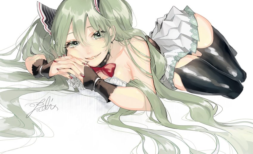 1girl absurdres alternate_color alternate_costume alternate_eye_color alternate_hair_color bare_arms bare_shoulders black_bow black_bowtie black_choker black_thighhighs blush bow bowtie breasts choker cleavage collarbone commentary_request eyelashes female_focus fingernails frills full_body garter_straps green_eyes green_hair hair_between_eyes happy hatsune_miku highres interlocked_fingers large_breasts legs_together lips long_eyelashes long_fingernails long_hair looking_at_viewer lying nail_polish on_side own_hands_clasped own_hands_together parted_lips pecchii pleated_skirt red_bow red_bowtie red_nails shaded_face shadow shiny_clothes shiny_legwear sidelocks signature simple_background skindentation skirt smile solo strapless teeth thick_thighs thighhighs thighs twintails very_long_hair vocaloid white_background white_skirt wrist_cuffs