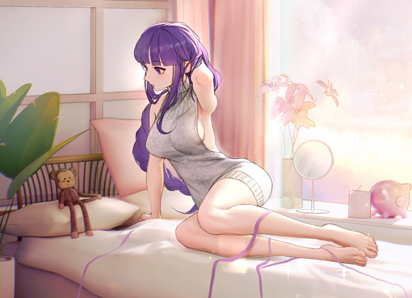 1girl arm_up bare_arms bare_legs bare_shoulders barefoot bed blunt_bangs breasts commentary_request genshin_impact grey_sweater indoors large_breasts long_hair maoy123 meme_attire pillow purple_eyes purple_hair raiden_shogun sitting solo sweater thighs very_long_hair virgin_killer_sweater yokozuwari