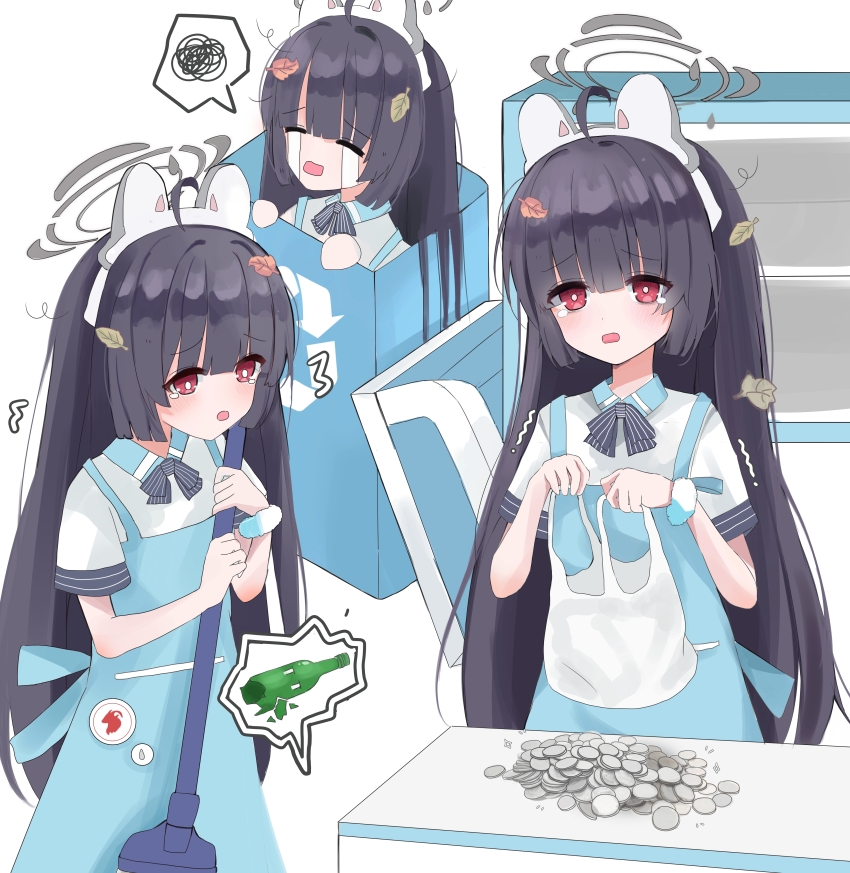1girl absurdres alternate_costume angel&#039;s_24_uniform_(blue_archive) animal_ears apron black_hair blue_apron blue_archive blunt_bangs blunt_ends blush bright_pupils broom chii_(k_ung) closed_eyes coin commentary cowboy_shot crying fake_animal_ears grey_halo halo hands_up highres hime_cut holding holding_broom leaf leaf_on_head long_hair looking_at_viewer miyu_(blue_archive) multiple_views open_mouth rabbit_ears red_eyes scared shirt short_sleeves sidelocks simple_background speech_bubble spoken_squiggle squiggle stack_of_coins straight_hair streaming_tears tearing_up tears trembling very_long_hair white_background white_pupils white_shirt