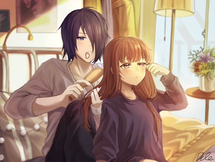 1boy 1girl alternate_hairstyle black_eyes black_hair black_pants black_sweater blush breasts brown_eyes brown_hair brushing_hair clenched_teeth collarbone commentary couple dule_(anhaidule) flower grey_shirt hair_over_one_eye half-closed_eye hand_up highres holding holding_brush iino_miko indoors ishigami_yuu kaguya-sama_wa_kokurasetai_~tensai-tachi_no_renai_zunousen~ knee_up lamp long_hair long_sleeves mouth_hold on_bed pants parted_lips pink_flower plant red_flower shirt short_hair signature sitting sleepy small_breasts sweater table teeth upper_body