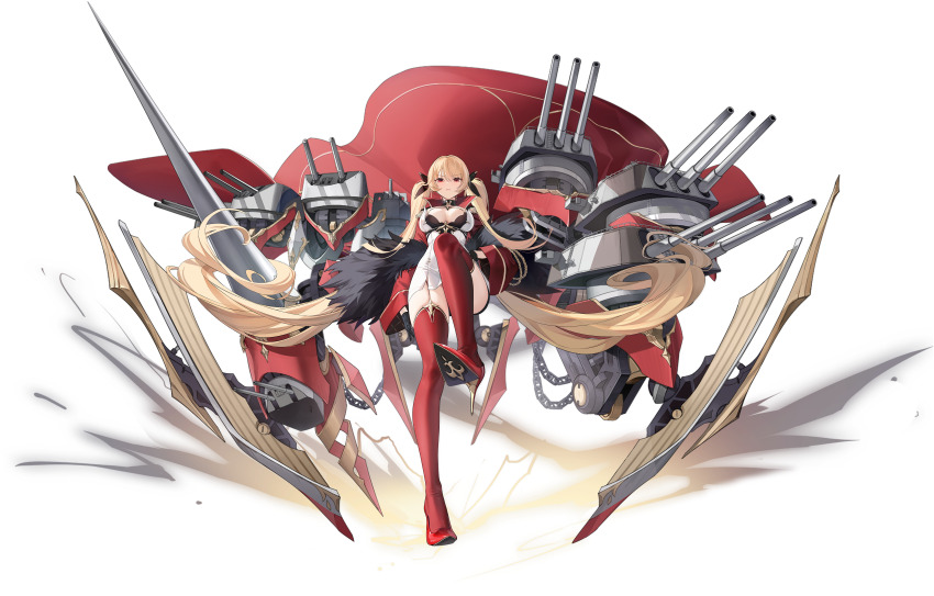 1girl :o absurdly_long_hair absurdres azur_lane black_bra black_gloves blonde_hair bra breasts brooch cannon cape center_opening chain coat dress multiple_expressions full_body fur-trimmed_jacket fur_trim garter_straps gloves high_heels highres jacket jewelry large_breasts leg_up long_hair long_sleeves looking_at_viewer nelson_(azur_lane) nelson_(retrofit)_(azur_lane) non-web_source official_art one_eye_closed open_clothes open_coat red_cape red_eyes red_footwear red_jacket red_thighhighs retrofit_(azur_lane) rigging solo stiletto_heels thighhighs twintails underwear very_long_hair white_dress wide_sleeves