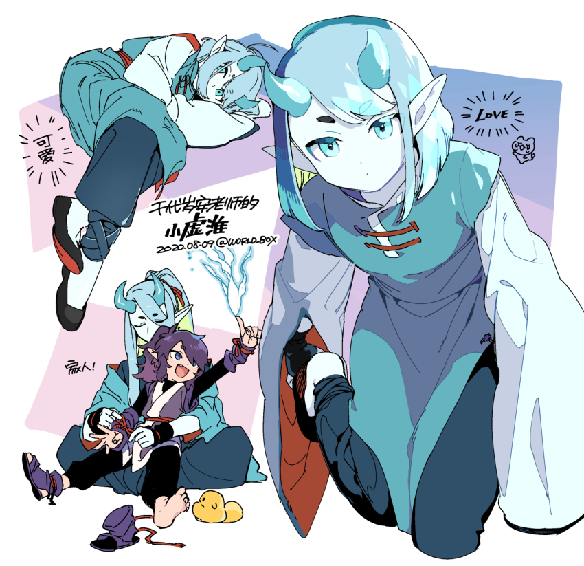 2boys aqua_eyes aqua_hair aqua_horns bidiu_(the_legend_of_luoxiaohei) expressionless fengxi_(the_legend_of_luoxiaohei) highres horns long_hair medium_hair multiple_boys multiple_views open_clothes pointy_ears ponytail purple_eyes purple_hair unworn_shoe shoes unworn_shoes smile luo_xiaohei_zhanji vox xuhuai_(the_legend_of_luoxiaohei)